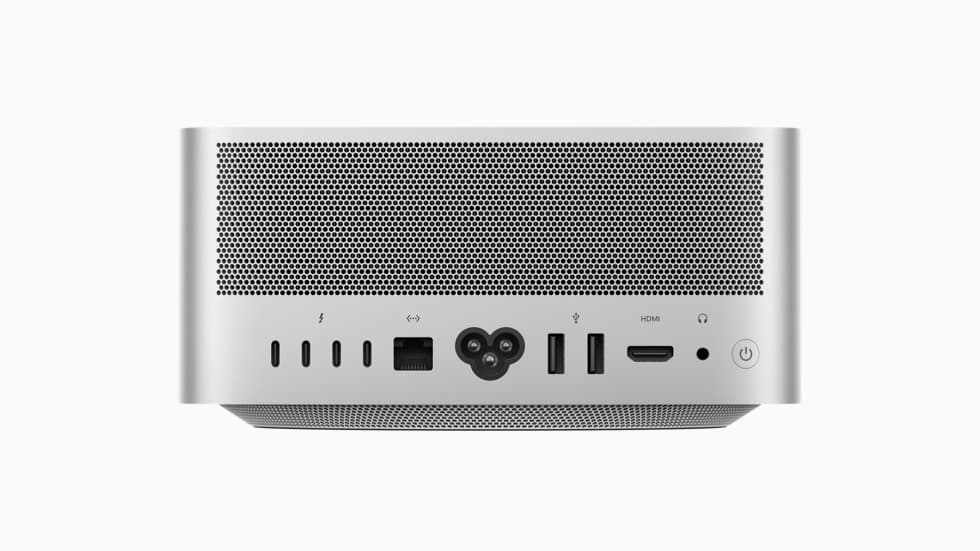 Mac Studio dengan konektivitas lengkap, mendukung hingga enam port Thunderbolt 5, delapan layar sekaligus, serta Wi-Fi 7 dan Bluetooth 6.