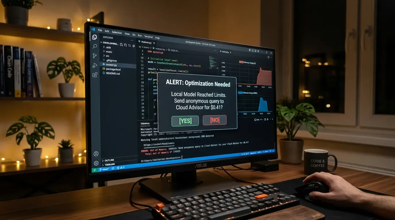Ilustrasi developer menggunakan AI lokal yang mencapai batas dan menawarkan cloud AI sebagai alternatif berbayar.