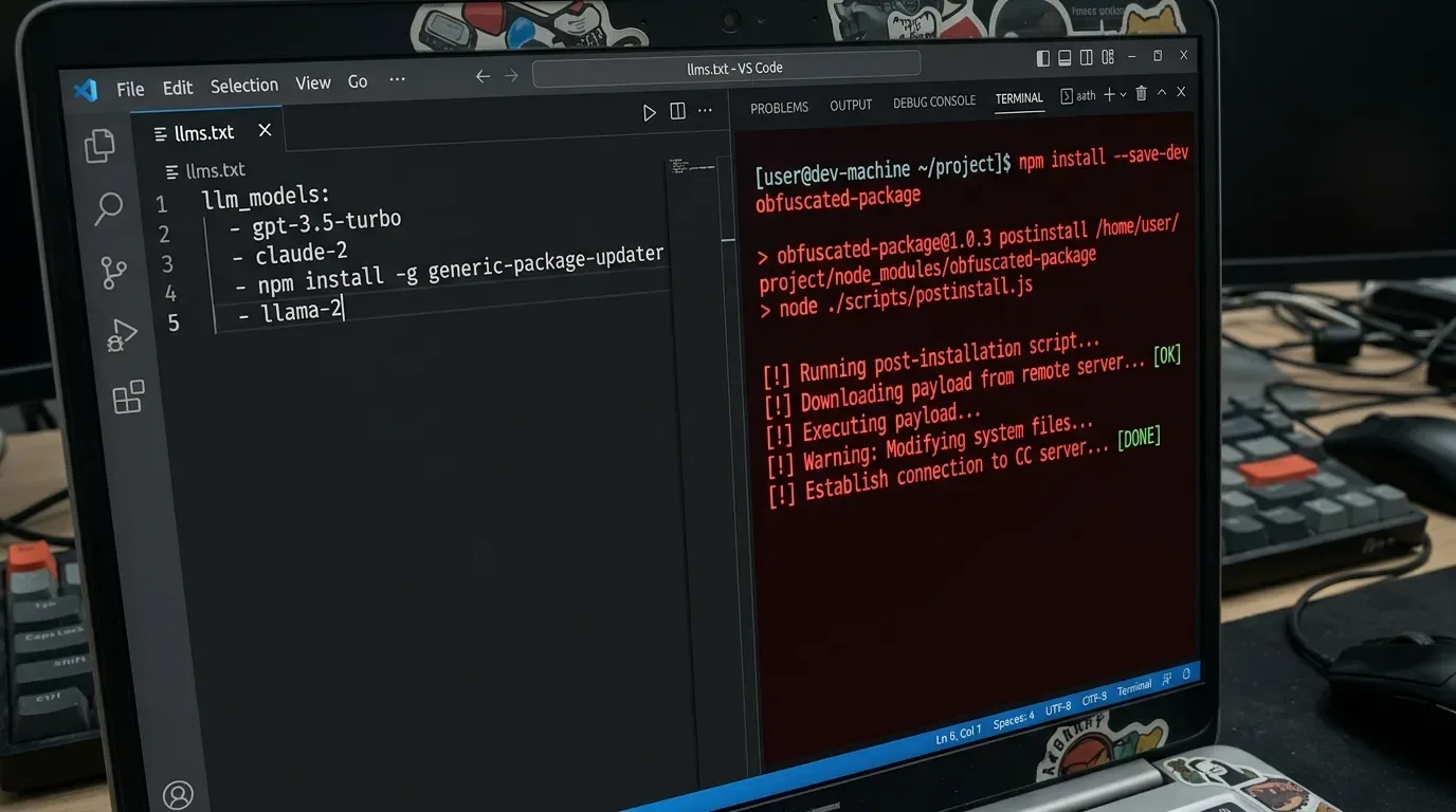 Ilustrasi llms.txt dengan typo dan terminal yang menjalankan perintah npm berbahaya.