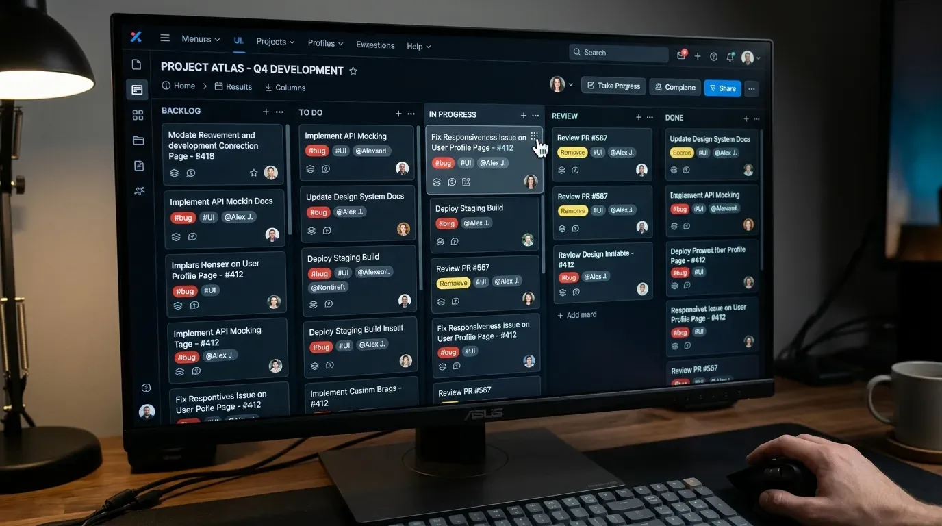 Tampilan Kanban board dengan fitur drag and drop pada kartu tugas