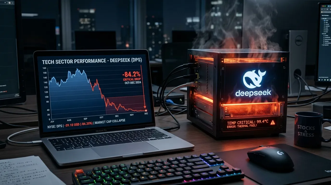 Grafik saham teknologi menurun di samping server DeepSeek yang mengalami overheating.
