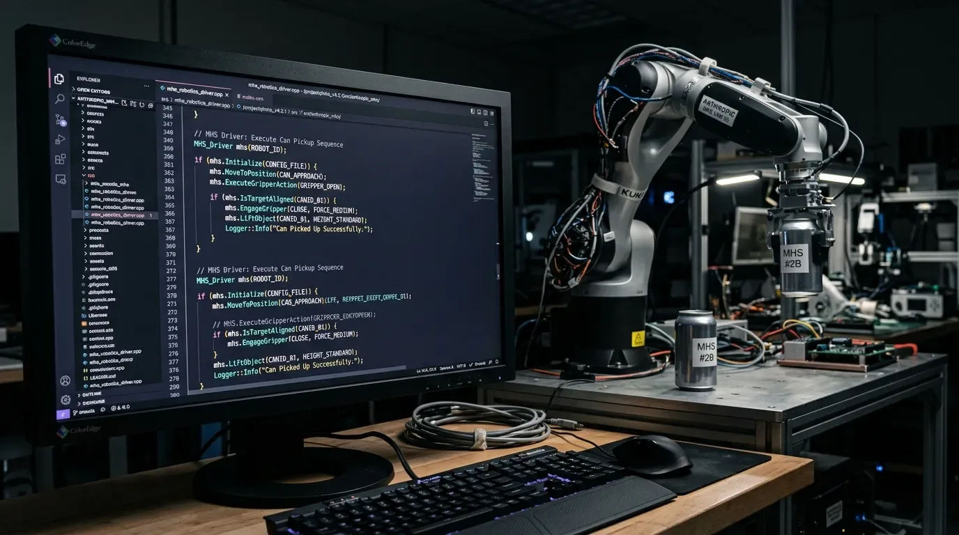 Kode Anthropic MHS Drivers pada monitor yang mengendalikan lengan robot di laboratorium.